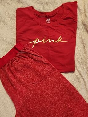 PINK Victoria's Secret Red Kids Two-Piece Pajama Set with Gold Script